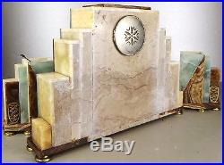 1920/1930 Fh Danvin Pendule Garniture Sculpture Art Deco Bronze Dore Argent Paon