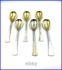 6 Cuillères Dessert Art Déco en Argent 800 IN Vermeil Antique Vintage Ans'30