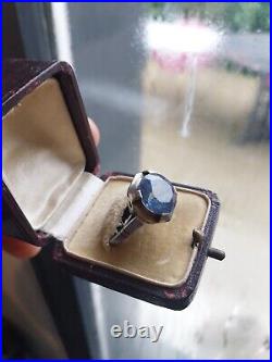 ANCIENNE BAGUE ART DECO ARGENT MASSIF AIGUE-MARINE Saphir Bleu BIJOU VINTAGE