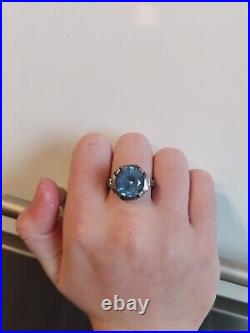 ANCIENNE BAGUE ART DECO ARGENT MASSIF AIGUE-MARINE Saphir Bleu BIJOU VINTAGE