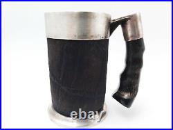 ART DECO MUG poinçon d'orfèvre TH SPC en métal argenté et cuir prise en corne