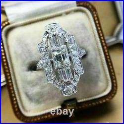 Ancien Art Déco Imitation Diamant 3 Pierre Vintage Bague 14K Plaqué or Blanc