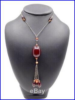 Ancien collier sautoir en Bakélite rouge cherry Amber corail et argent Art Deco