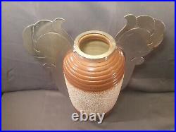Ancien grand vase art deco en ceramique gres avec monture bronze argenté