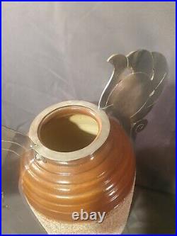 Ancien grand vase art deco en ceramique gres avec monture bronze argenté