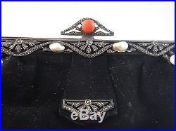 Ancien sac de soirée reticule velour argent massif perle baroque corail Art Deco