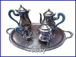 Ancien service à thé/café Art-Déco en métal argenté-décor Louis XV-2 poinçons