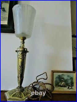 Ancienne grande lampe bronze massif Argenté tulipe MULLER Frères verre moulé