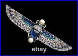Antique Art Déco Égyptien Revival 925 Argent Rond Perle Bleu Cabochon Broche