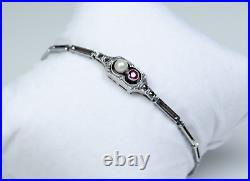 Argent Antique Art Déco Bracelet 0.10 CT Rubis Akoya Perle Marcassites