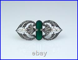 Argent Antique Art Déco Broche Vert Agate Akoya France