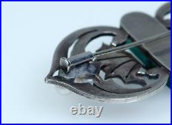 Argent Antique Art Déco Broche Vert Agate Akoya France