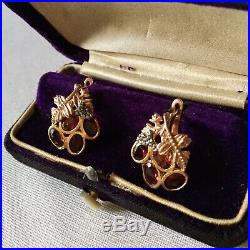 Art Deco Splendides Anciennes Boucles Doreilles Or Rose 14k Argent Grenats