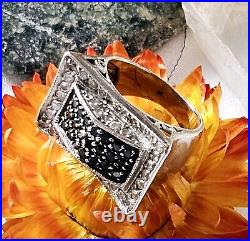 Bague Style Art Déco Tank Argent 925 Sertie Zircons Noirs Blancs T 51 8g