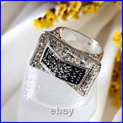 Bague Style Art Déco Tank Argent 925 Sertie Zircons Noirs Blancs T 51 8g