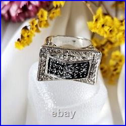 Bague Style Art Déco Tank Argent 925 Sertie Zircons Noirs Blancs T 51 8g