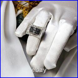 Bague Style Art Déco Tank Argent 925 Sertie Zircons Noirs Blancs T 51 8g