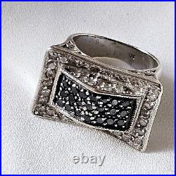 Bague Style Art Déco Tank Argent 925 Sertie Zircons Noirs Blancs T 51 8g