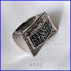 Bague Style Art Déco Tank Argent 925 Sertie Zircons Noirs Blancs T 51 8g