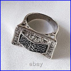 Bague Style Art Déco Tank Argent 925 Sertie Zircons Noirs Blancs T 51 8g