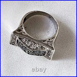 Bague Style Art Déco Tank Argent 925 Sertie Zircons Noirs Blancs T 51 8g