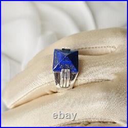 Bague art déco argent Poinçon Sanglier Lapis-lazuli Taille 65 Neuve Stock Ancien