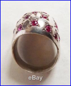 Bague chevalière ARGENT massif et rubis forme dôme étoile Art Deco silver ring