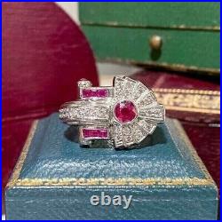 Bague de fiançailles vintage art déco en argent 925 et diamant créé rubis ros