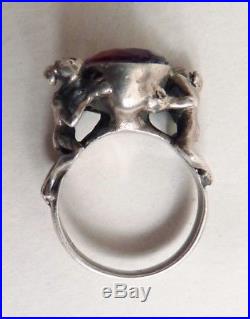 Bague en ARGENT massif et pierre rouge érotique femme nue Art Deco silver ring