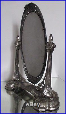 Beau miroir psyché ART DÉCO en métal argenté vers 1925 glace biseautée