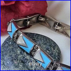Bracelet Style Art Déco Argent 925 Turquoises Nacre Marcassites 18cmx8mm