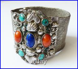 Bracelet ancien argent massif + turquoise + corail + lapis silver ethnique