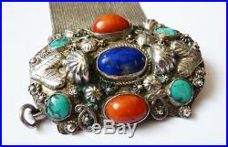 Bracelet ancien argent massif + turquoise + corail + lapis silver ethnique