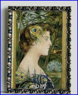 Cadre Art Deco Bois Argente Peinture Huile Portrait Femme Feuille D'or