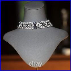 Collier Ras du Cou Choker Argenté Art deco Strass Bleu Marine Great Gatsby QD29