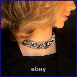 Collier Ras du Cou Choker Argenté Art deco Strass Bleu Marine Great Gatsby QD29