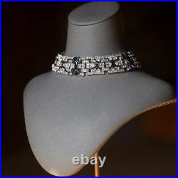 Collier Ras du Cou Choker Argenté Art deco Strass Bleu Marine Great Gatsby QD29