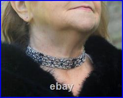 Collier Ras du Cou Choker Argenté Art deco Strass Bleu Marine Great Gatsby QD29