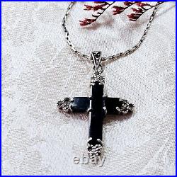 Collier Style Art Déco Argent 925 Onyx Marcassites Chaine Et Pendentif Croix