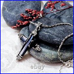 Collier Style Art Déco Argent 925 Onyx Marcassites Chaine Et Pendentif Croix