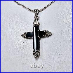 Collier Style Art Déco Argent 925 Onyx Marcassites Chaine Et Pendentif Croix