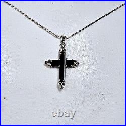 Collier Style Art Déco Argent 925 Onyx Marcassites Chaine Et Pendentif Croix