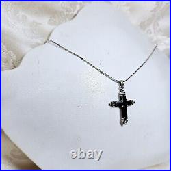 Collier Style Art Déco Argent 925 Onyx Marcassites Chaine Et Pendentif Croix