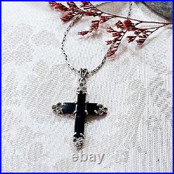 Collier Style Art Déco Argent 925 Onyx Marcassites Chaine Et Pendentif Croix