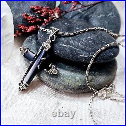 Collier Style Art Déco Argent 925 Onyx Marcassites Chaine Et Pendentif Croix