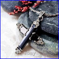 Collier Style Art Déco Argent 925 Onyx Marcassites Chaine Et Pendentif Croix