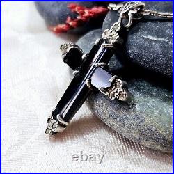 Collier Style Art Déco Argent 925 Onyx Marcassites Chaine Et Pendentif Croix