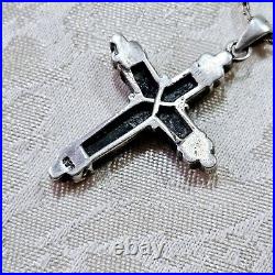 Collier Style Art Déco Argent 925 Onyx Marcassites Chaine Et Pendentif Croix