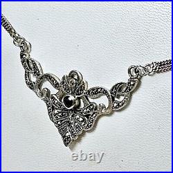 Collier Style Art Déco Argent Grenat Marcassites Vintage Poinçon 925 Et Créateur