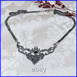 Collier Style Art Déco Argent Grenat Marcassites Vintage Poinçon 925 Et Créateur